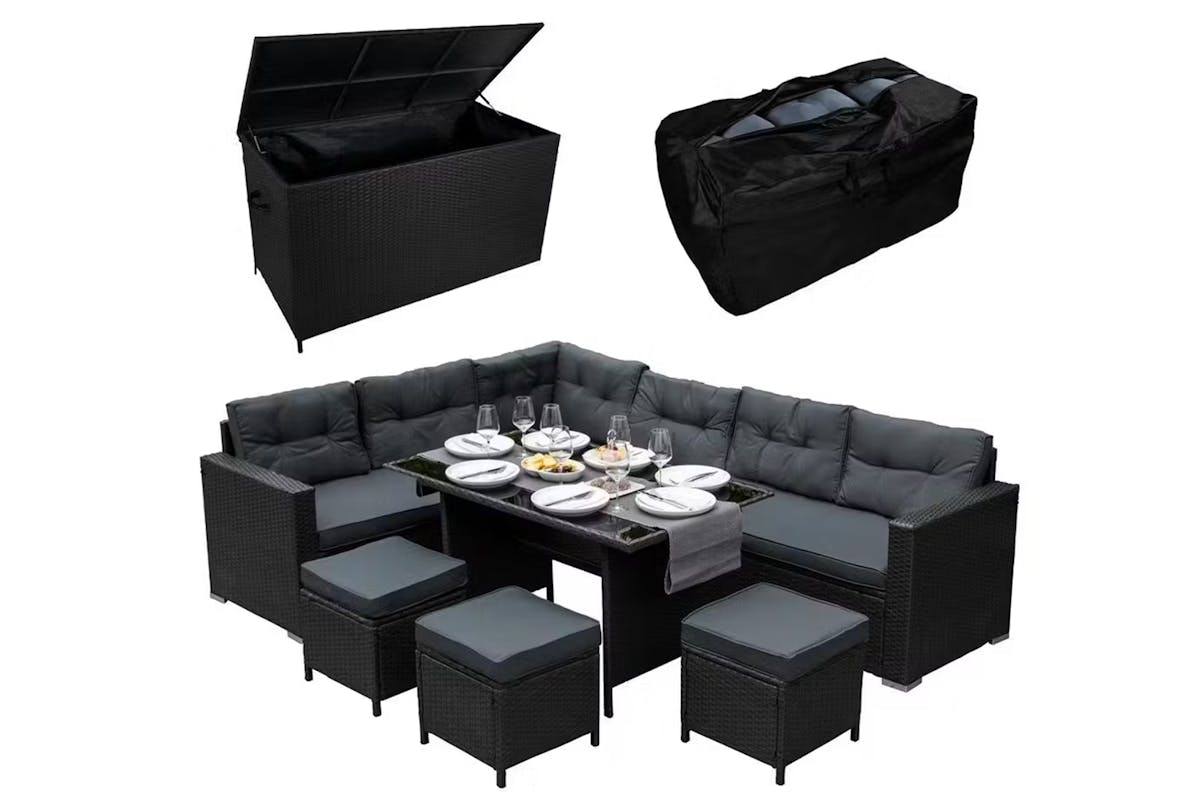 Monstershop Rattan Corner Sofa Set & Cushion Storage Box | Black/Grey-4