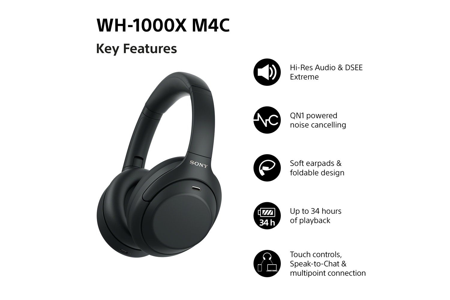 Sony WH-1000XM4C Noise Cancelling Wireless Over Ear Headphones | Black-2