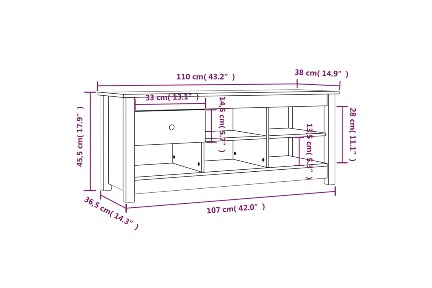 vidaXL 814594 Shoe Cabinet 110x38x45.5cm Solid Wood Pine-9
