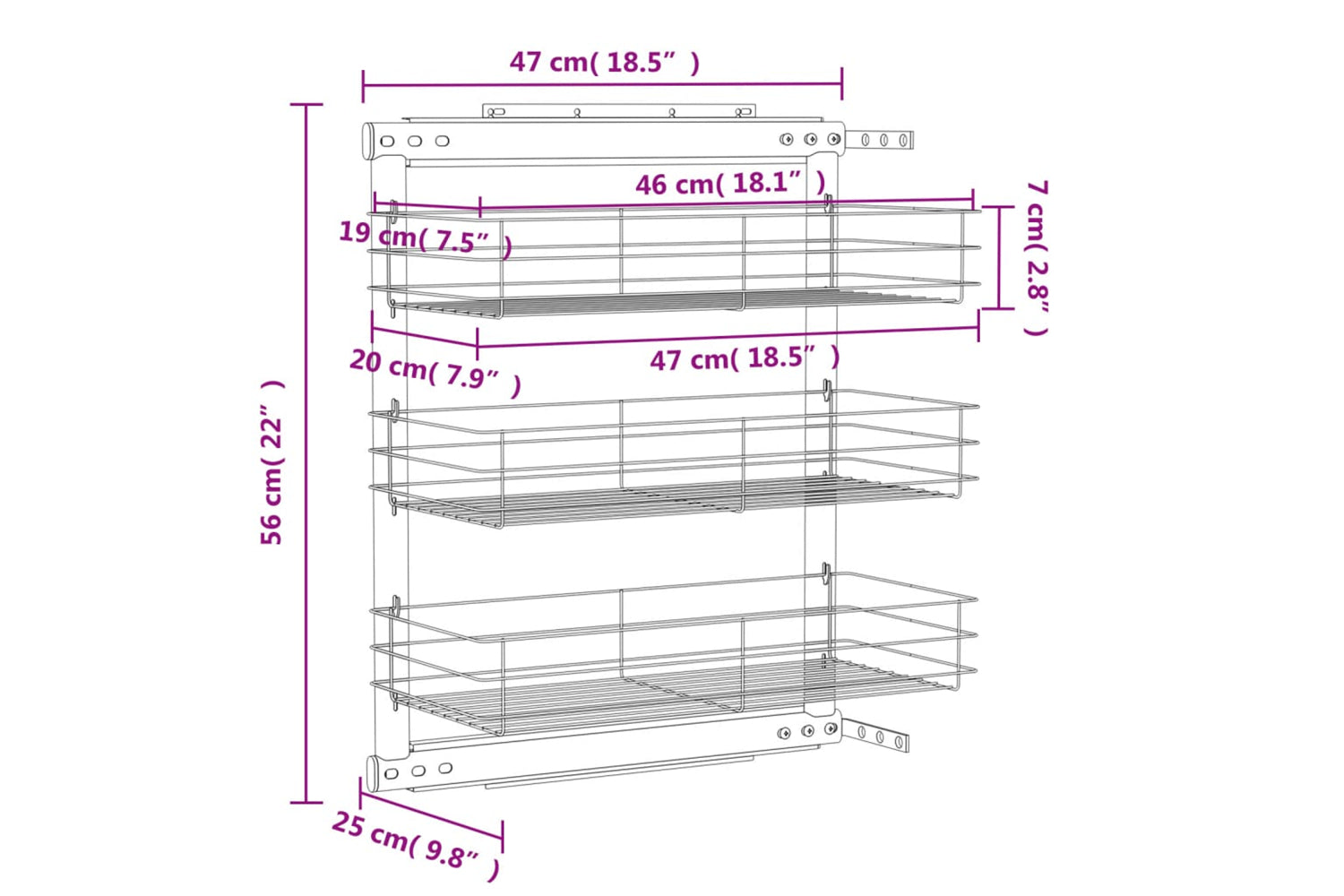 vidaXL 50969 3-tier Pull-out Kitchen Wire Basket Silver 47x25x56cm-9