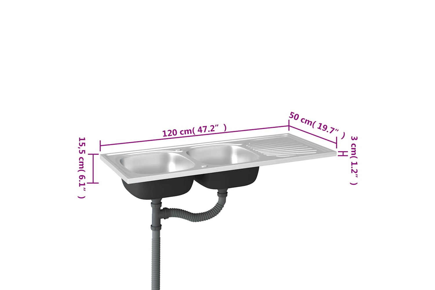 Vidaxl 147238 Kitchen Sink With Double Sinks Silver 1200x500x155 Mm Stainless Steel-9