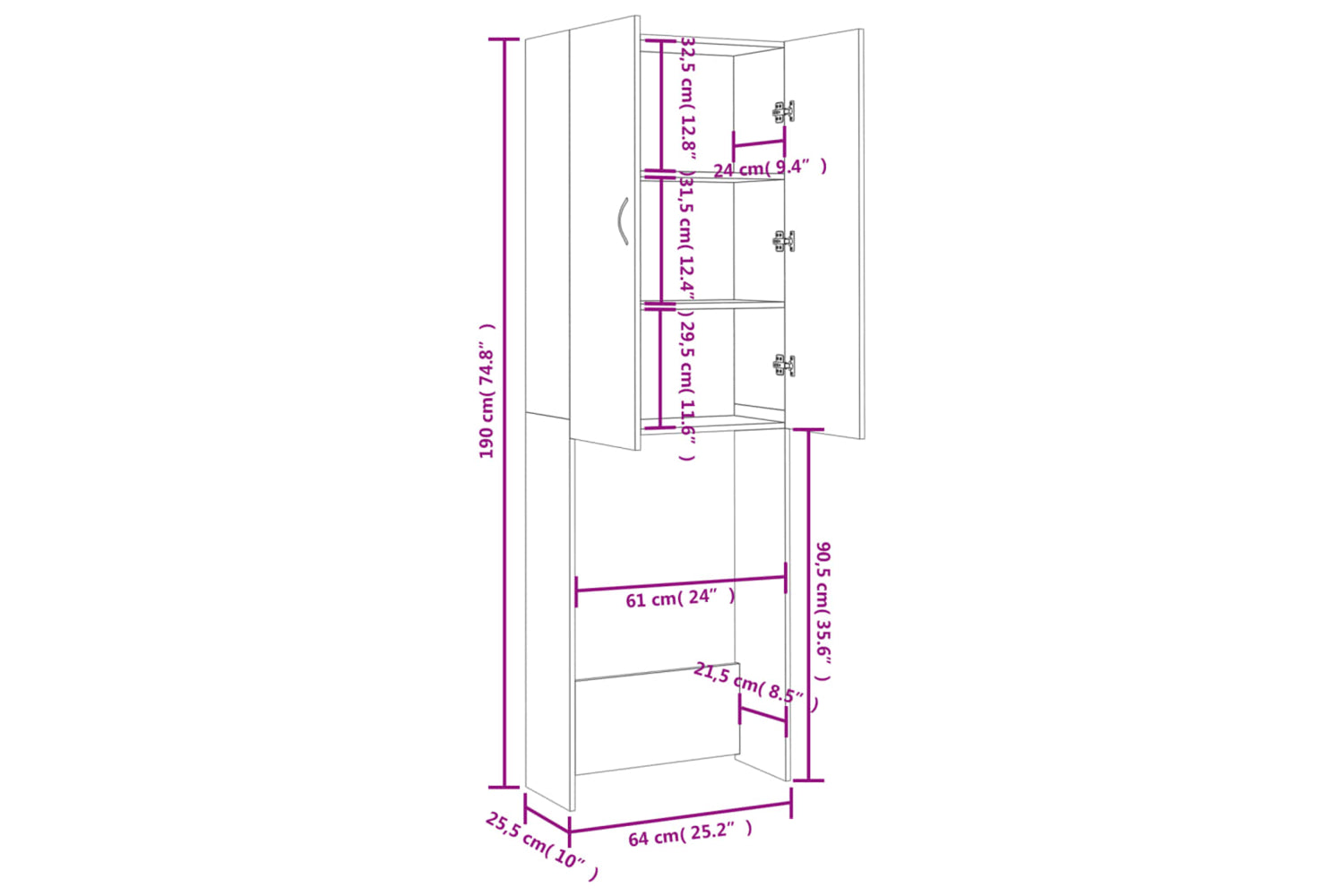 vidaXL Washing Machine Cabinet Concrete Grey 64x25.5x190cm-9