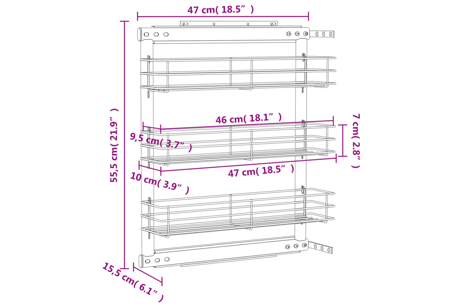 vidaXL 50968 3-tier Pull-out Kitchen Wire Basket Silver 47x15.5x55.5cm-9