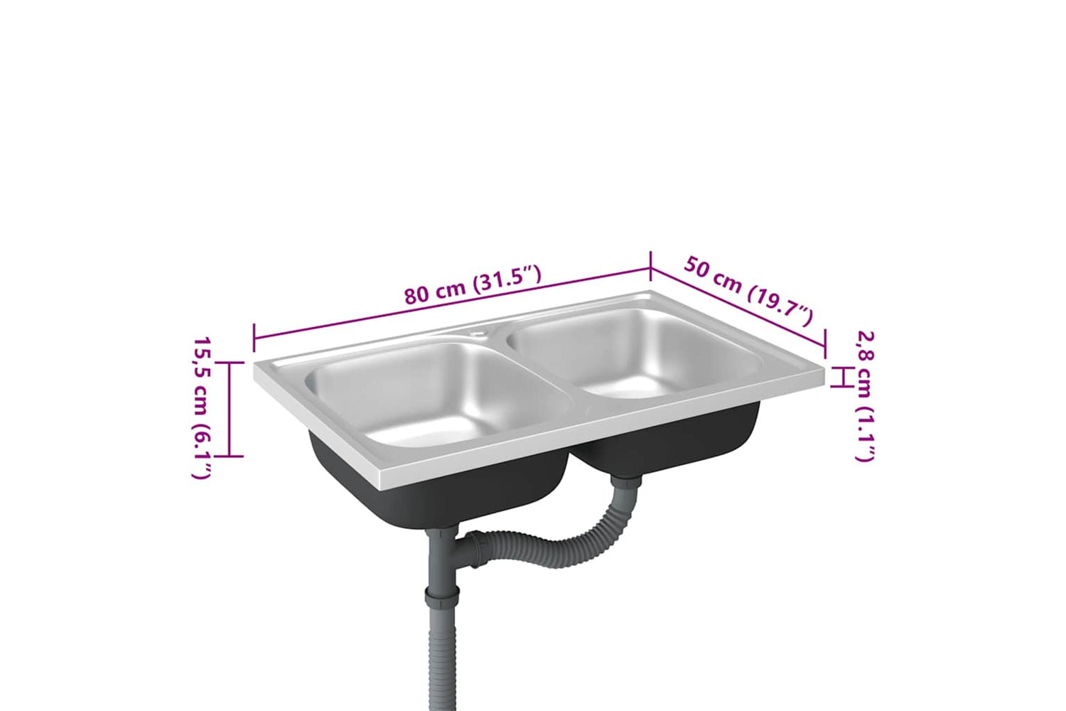 Vidaxl 147234 Kitchen Sink With Double Basins Silver 800x500x155 Mm Stainless Steel-9