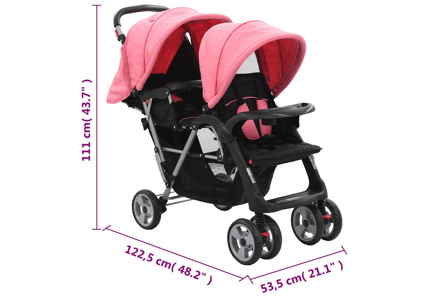Vidaxl Tandem Stroller | Pink/Black Steel-10