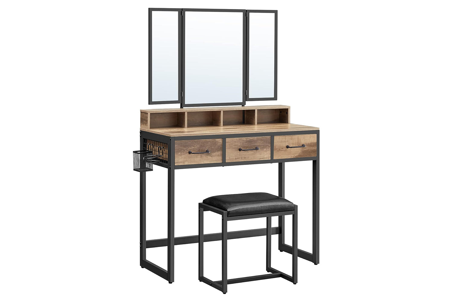 Vasagle Dressing Table With Padded Stool, Dressing Table With Triple Mirror, 3 Drawers, Hair Dryer Holder, Cosmetic Table, Industrial Style, Oak Brown/black Rvt004b50