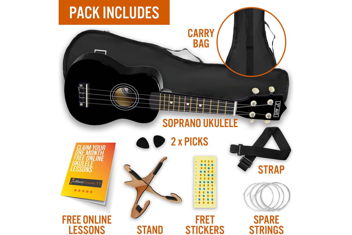 3rd Avenue Soprano Ukulele Pack - Black-3