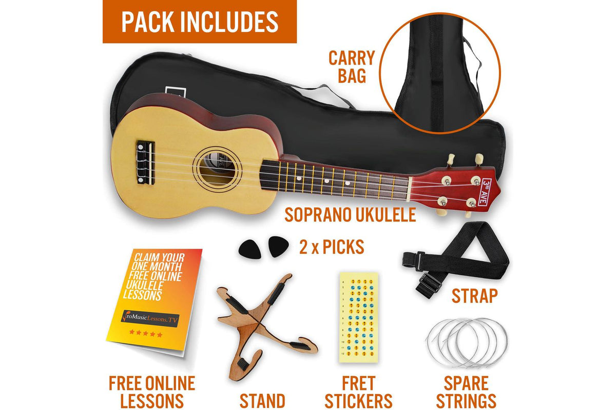 3rd Avenue Soprano Ukulele Pack - Natural-3