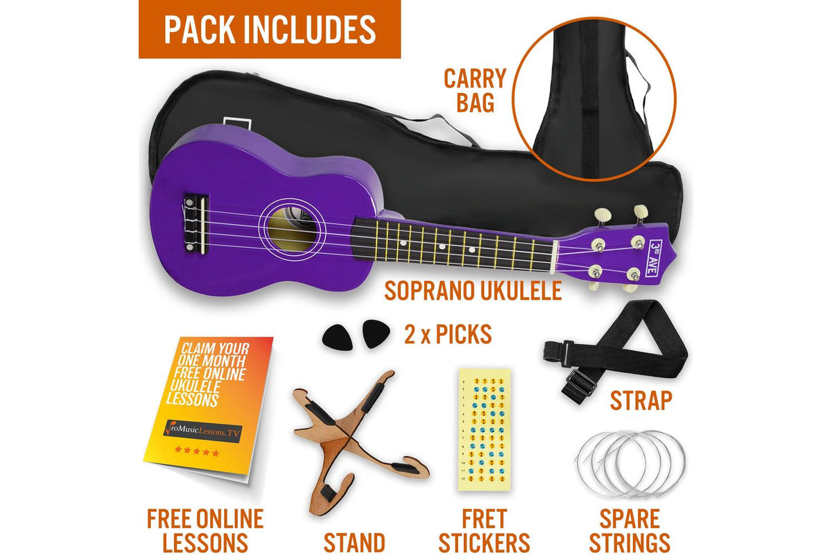 3rd Avenue Soprano Ukulele Pack - Purple-3
