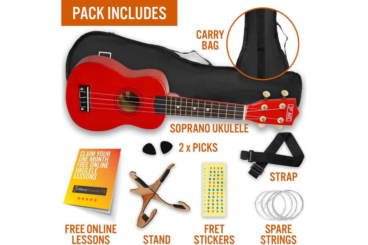 3rd Avenue Soprano Ukulele Pack - Red-3