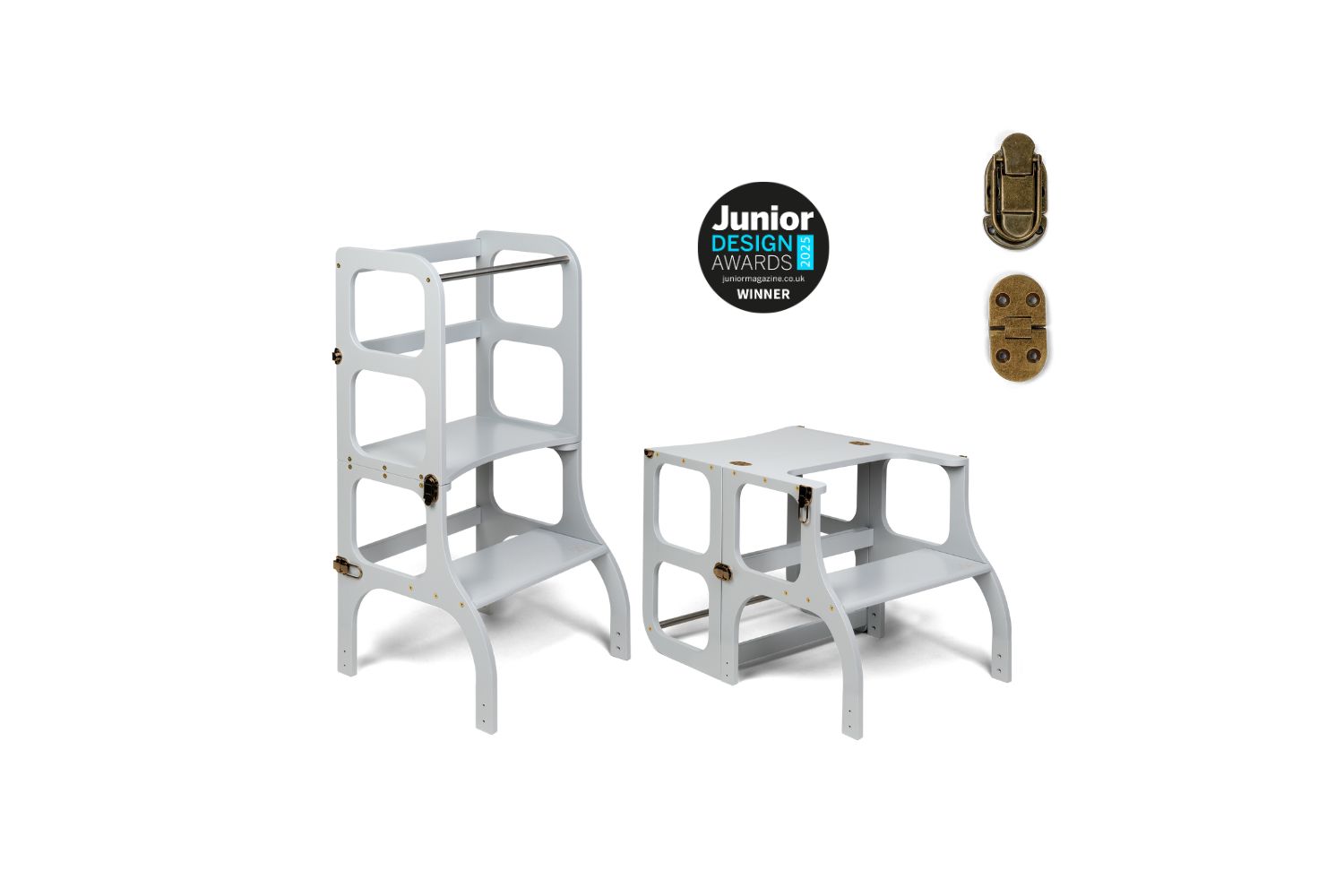 Ette Tete Helper Tower Table Stepnsit Light Gray Brass Clasps Extra Support | Helper Tower | Baltic Birch Plywood