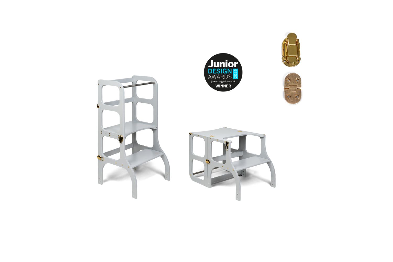 Ette Tete Helper Tower Stepnsit Light Gray Gold Clasps Extra Support | Helper Tower | Baltic Birch Plywood