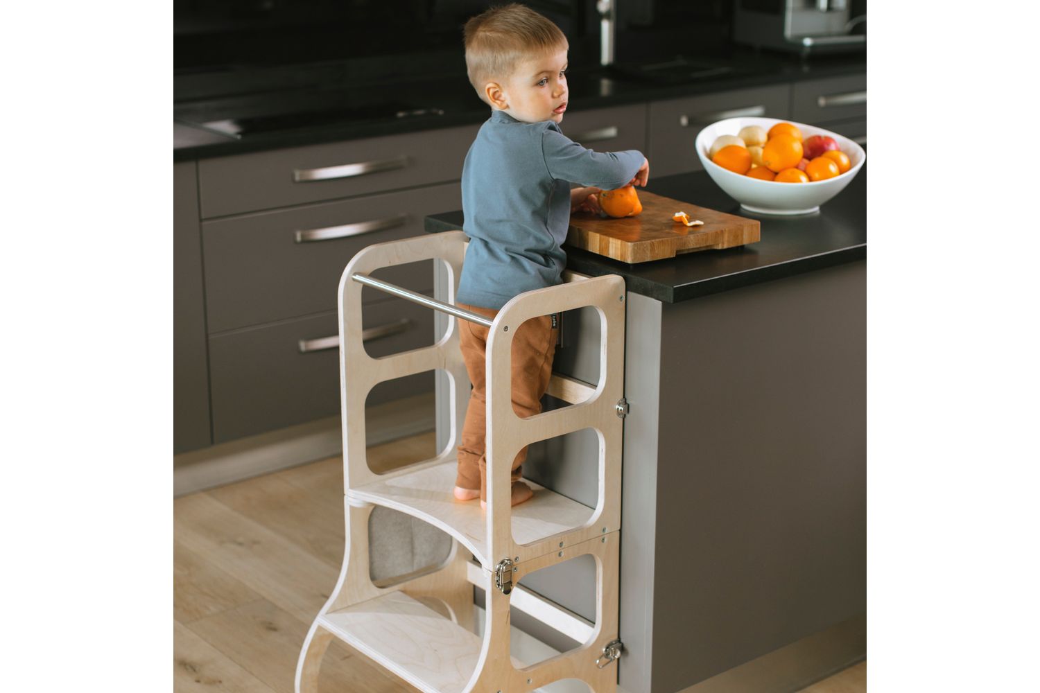 Ette Tete Helper Tower Table Stepnsit Light Gray Black Clasps Extra Support | Helper Tower | Baltic Birch Plywood | 2-in-1 Convertible-10