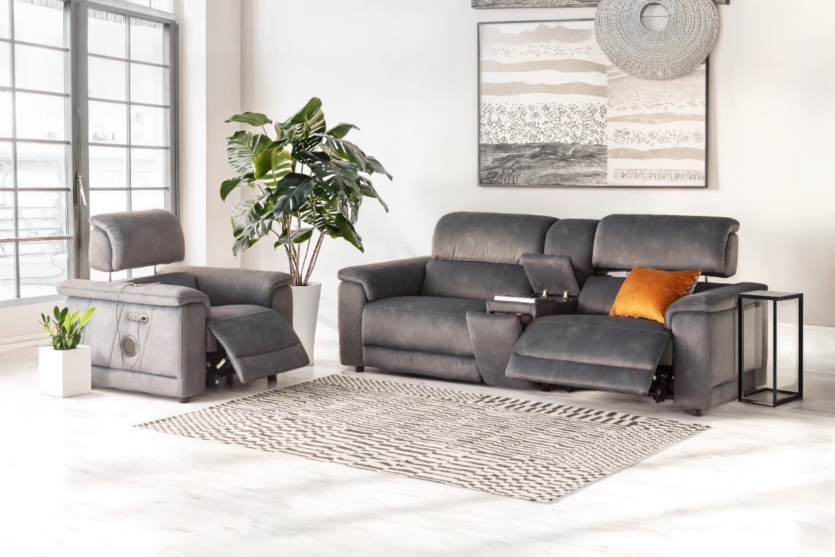 Tiago 2.5 Seater Sofa | Power Recliner | Media Screen | Bluetooth Speaker | Telescopic Headrest | USB Port | Fabric | Grey-2