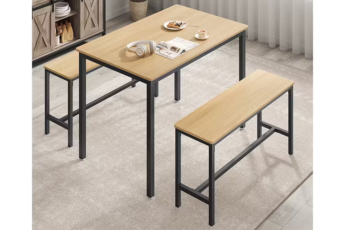Vasagle Dining Set | Table & 2 Benches | Golden Oak/Ink Black-2