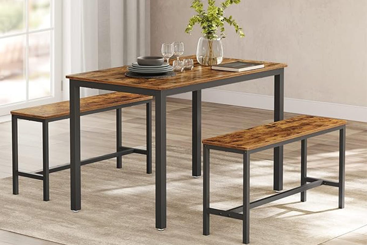 Vasagle Dining Set | Table & 2 Benches | Vintage Brown/Black-2