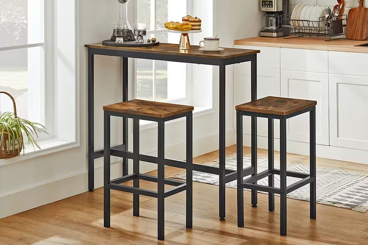 Vasagle Dining Set | Table & 2 Bar Stools | Rustic Brown/Black-2