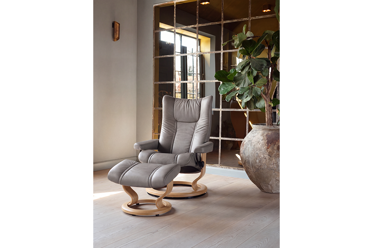 Wing Armchair with Footstool | Static Recliner | Leather | Dove-2