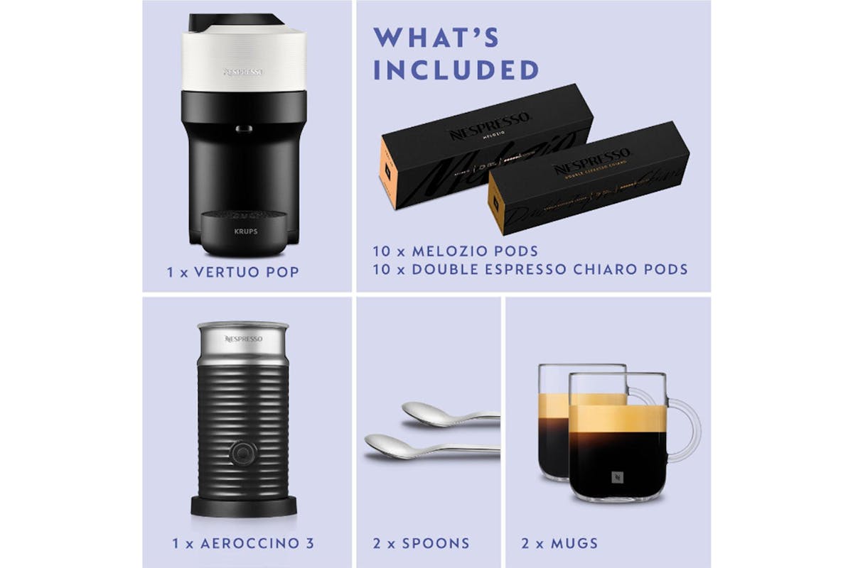Nespresso Vertuo Pop with Milk Frother, Coffee Capsules and Mugs, White, By Krups | XN920141-2