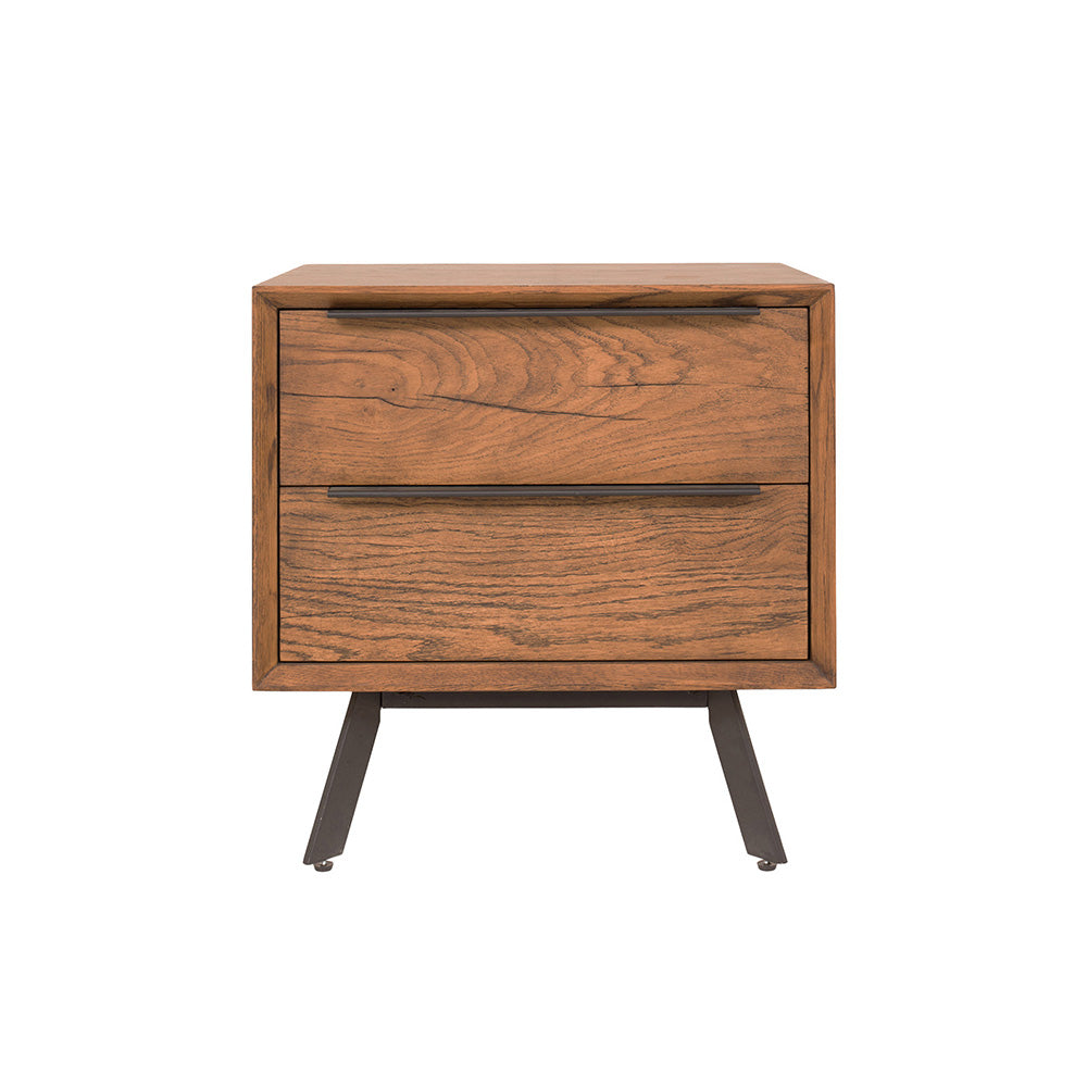 Wooden nightstand with two drawers on a white background
