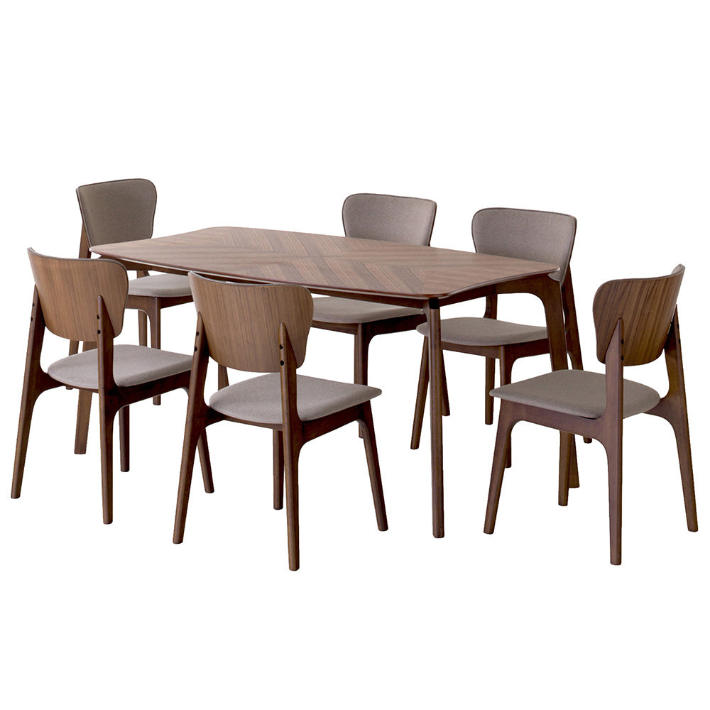 Dining table set with six chairs on a white background