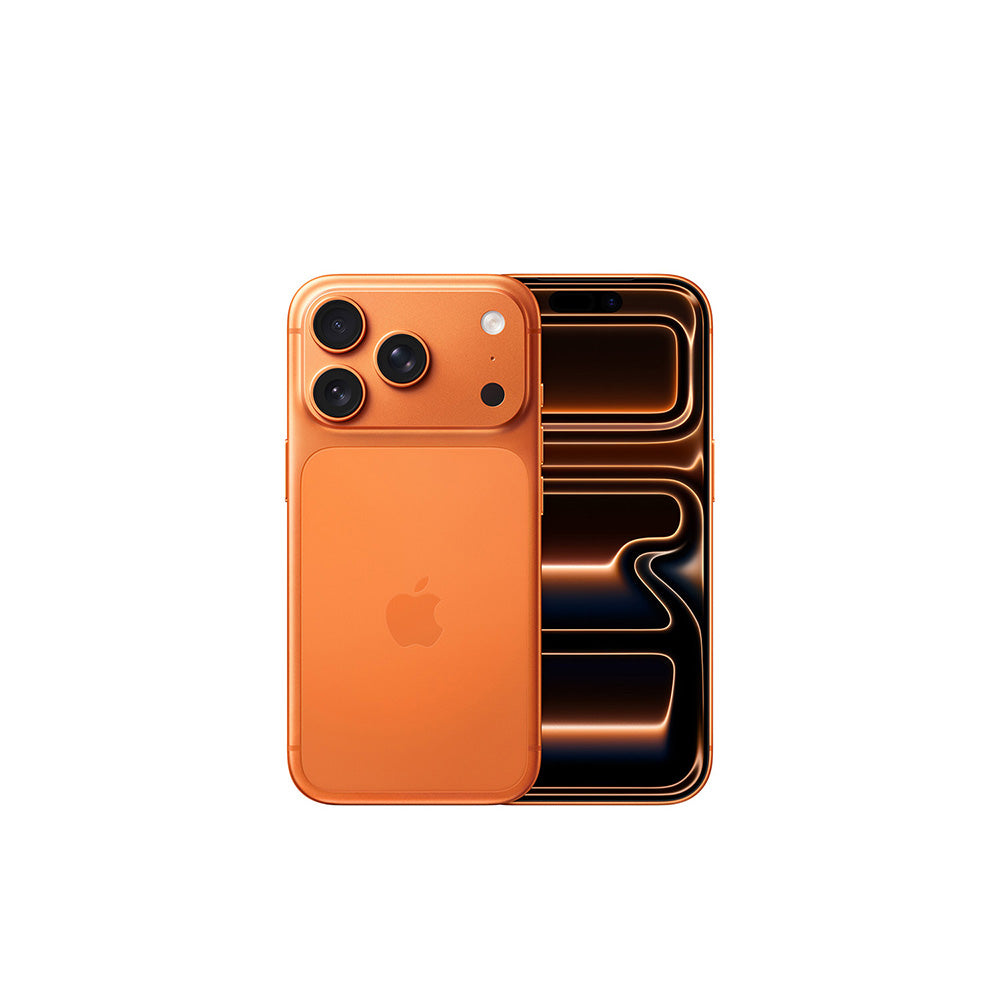Orange smartphone with Apple logo on a white background