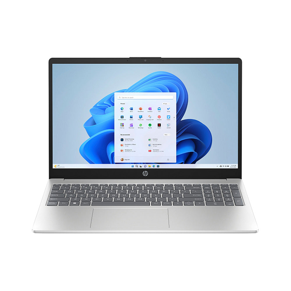 Laptop with a blue screen displaying a desktop with icons on a white background