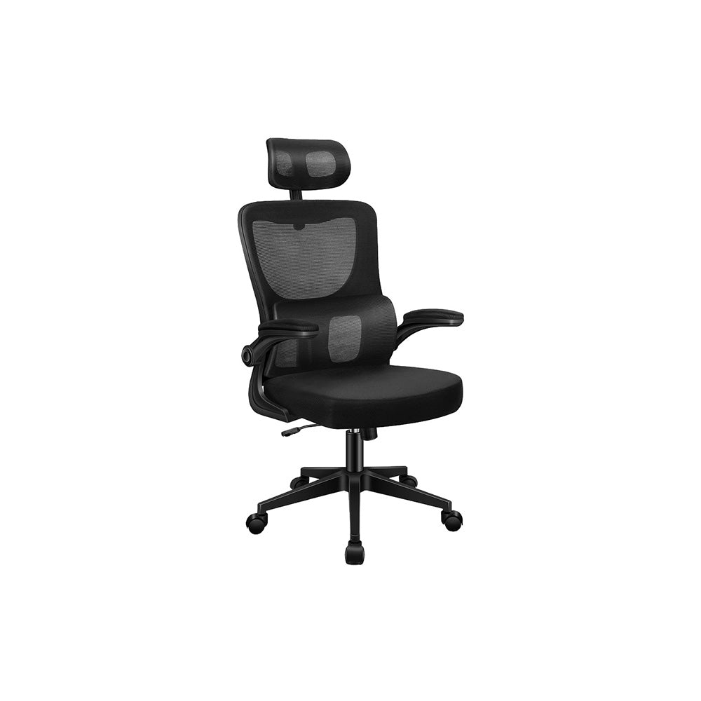 Black office chair with headrest on a white background