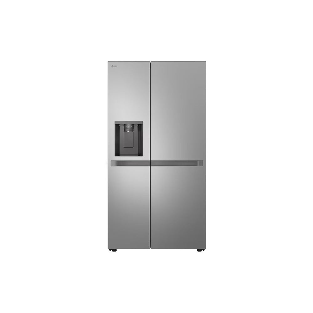 Stainless steel refrigerator with water and ice dispenser on a white background