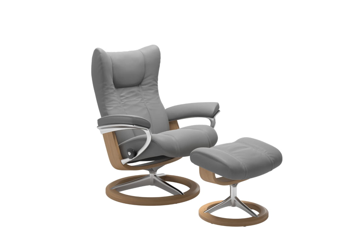 Stressless Wing Recliner Signature Base with Footstool | Leather | Dove